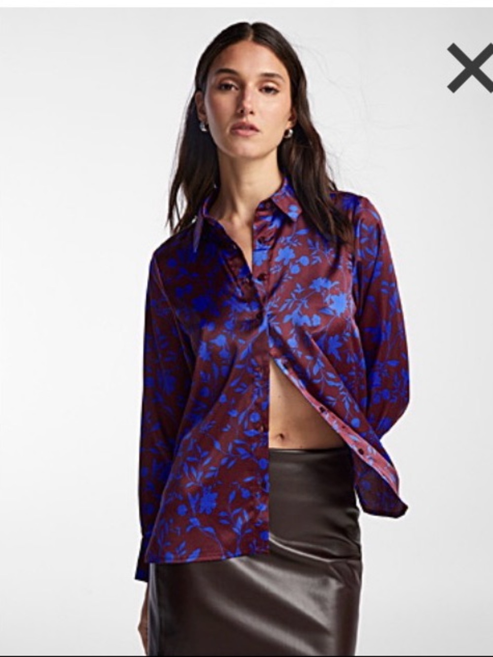 Simons Purple and Blue Floral Satin Button-Up Blouse